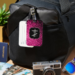 Étiquette À Bagage Monogramme de parties scintillant rose chaud