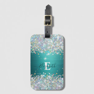 Étiquette À Bagage Monogramme de Parties scintillant Turquoise modern