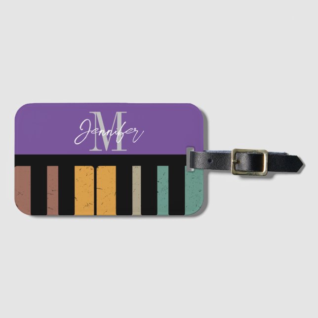 Étiquette À Bagage Monogramme de piano violet Nom personnalisé (Devant Horizontal)
