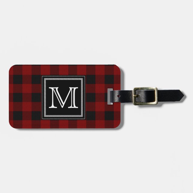 Étiquette À Bagage Monogramme de plaid rustique de Buffalo rouge et n (Devant horizontal)