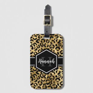 Étiquette À Bagage Monogramme de points de léopard noir or