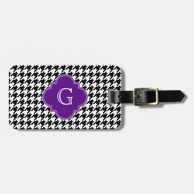 Étiquette À Bagage Monogramme de Quatrefoil pourpre noir Whoundstooth (Devant horizontal)