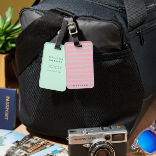 Étiquette À Bagage monogramme de rayures artistiques blush et turquoi