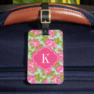Étiquette À Bagage Monogramme de Roses Vintages rose et menthe