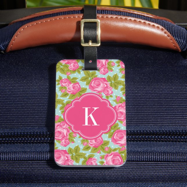 Étiquette À Bagage Monogramme de Roses Vintages rose et menthe (Insitu Rectoal 2)