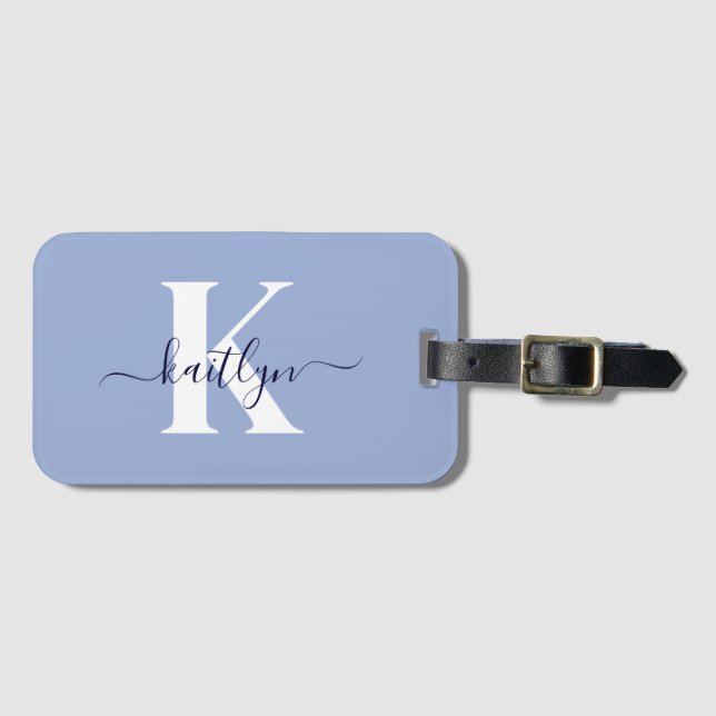 Étiquette À Bagage Monogramme de script bleu moderne (Devant Horizontal)