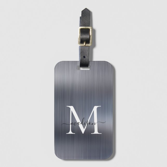 Étiquette À Bagage Monogramme de script métal brossé gris argent mode (Devant Vertical)