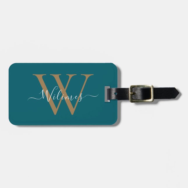 Étiquette À Bagage Monogramme de style de nom de script sarcelle fonc (Devant horizontal)