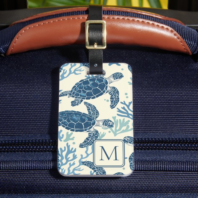 Étiquette À Bagage Monogramme de tortues marines bleues et crémeuses (Insitu Rectoal 2)