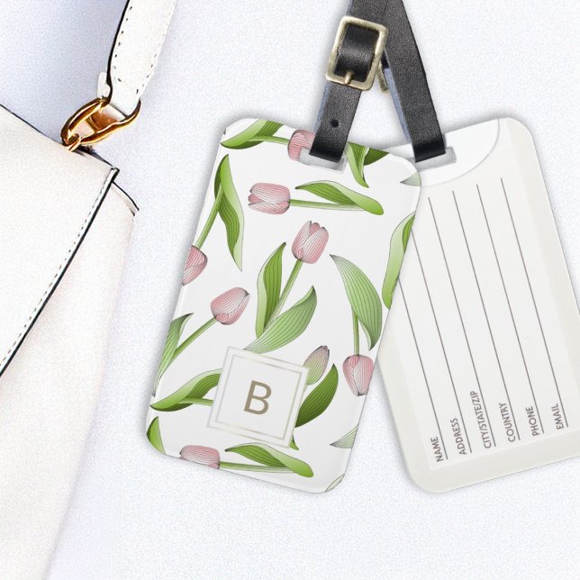 Étiquette À Bagage Monogramme de tulipe rose moderne (Créateur téléchargé)