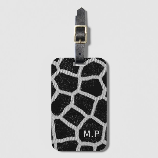 Étiquette À Bagage Monogramme d'impression de girafe noir et blanc (Devant Vertical)