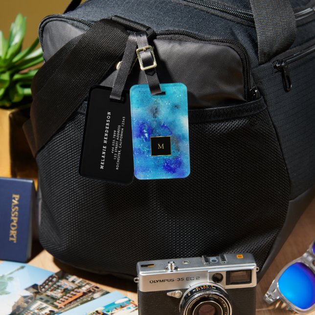 Étiquette À Bagage monogramme d'or brillant bleu pourpre (Recto & Verso)