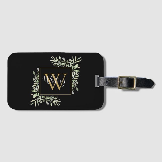 Étiquette À Bagage Monogramme d'or noir Flore de verdure (Devant Horizontal)