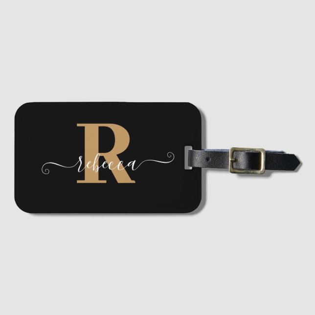 Étiquette À Bagage Monogramme d'or noir moderne Nom du script (Devant Horizontal)