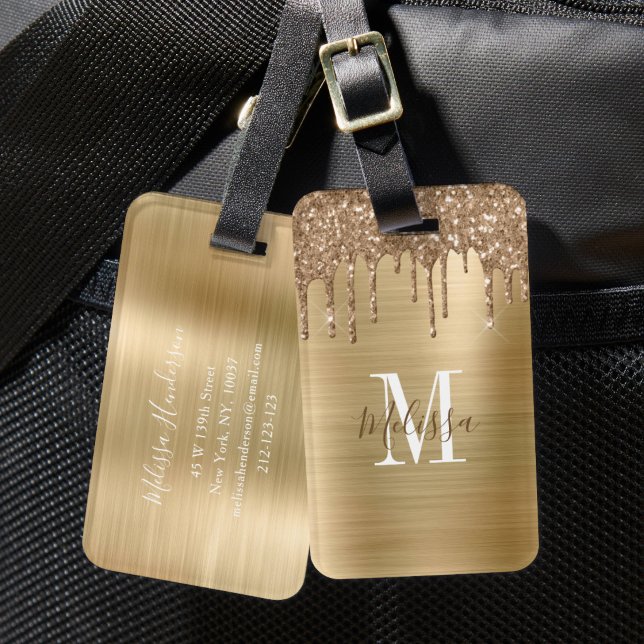 Étiquette À Bagage Monogramme élégant à gouttes de paillettes dorées (Elegant Gold Glitter Drip Monogram Luggage Tag)