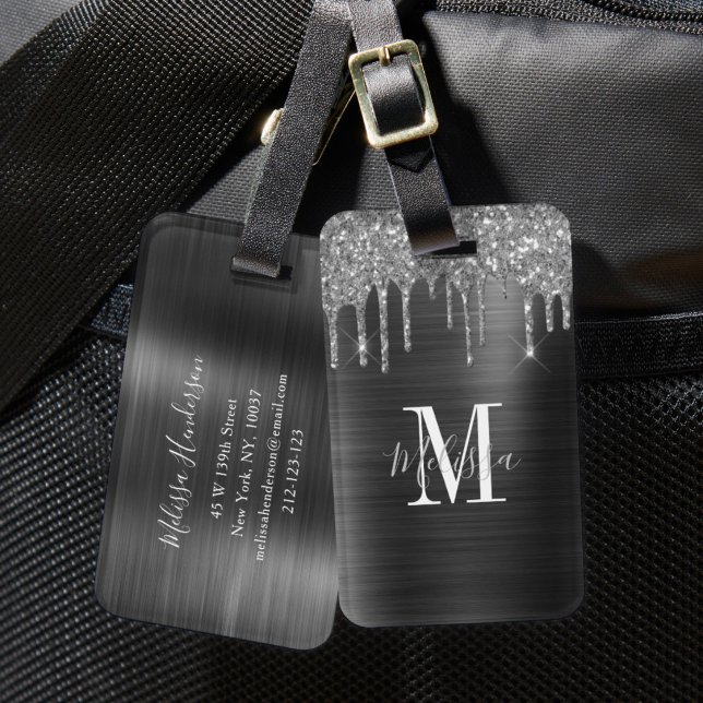 Étiquette À Bagage Monogramme élégant à paillettes noires coulantes b (Elegant Black Glitter Drip Brushed Monogram Luggage Tag)