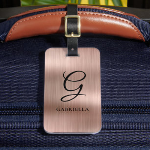 Étiquette À Bagage Monogramme élégant Faux Métal Brossé Rose Gold