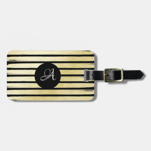 Étiquette À Bagage Monogramme élégant feuille d'or noir peint rayé
