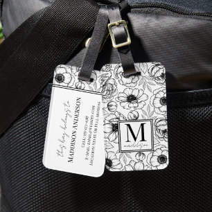 Étiquette À Bagage Monogramme Élégant Fleurs Noir Blanc Nom