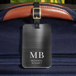 Étiquette À Bagage Monogramme Élégant Métal Noir Brossé 