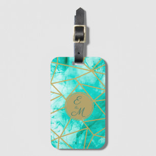 Étiquette À Bagage Monogramme Elégant Moderne Aqua Bleu Aquarelle Or