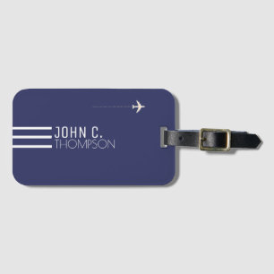 Étiquette À Bagage monogramme élégant & moderne sur voyage bleu