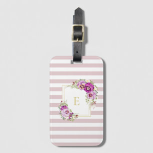 Étiquette À Bagage Monogramme Élégant Vintage Floral Pansies rayures