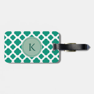 Étiquette À Bagage Monogramme Emerald Green & White Quatrefoil Motif