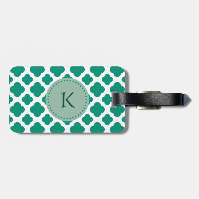 Étiquette À Bagage Monogramme Emerald Green & White Quatrefoil Motif (Dos horizontal)