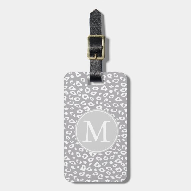 Étiquette À Bagage Monogramme Empreinte de léopard gris et blanc (Devant Vertical)