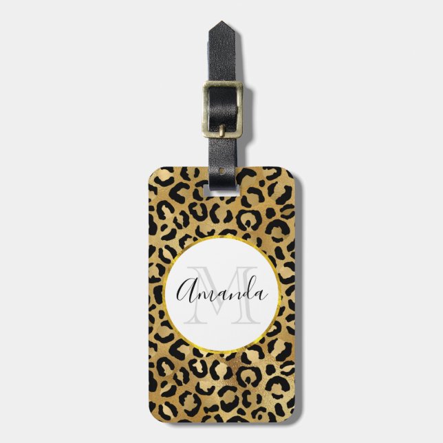 Étiquette À Bagage Monogramme Empreinte de léopard sauvage et exotiqu (Devant Vertical)