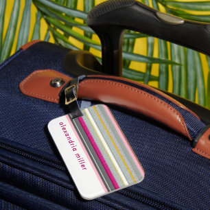 Étiquette À Bagage Monogramme en bande blanche rose moderne
