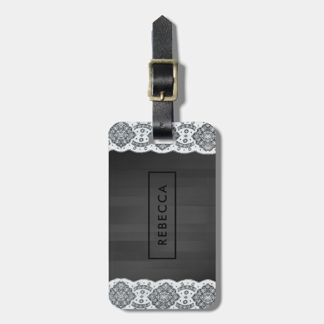 Étiquette À Bagage Monogramme en bois noir et blanc en dentelle Vinta (Devant Vertical)