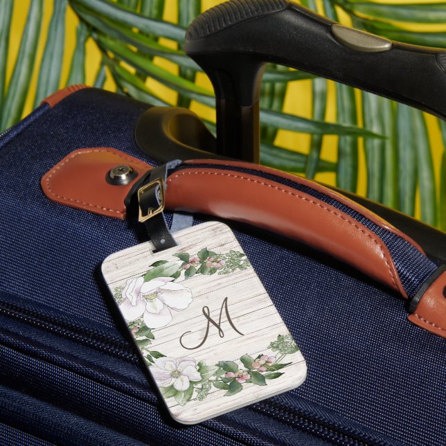 Étiquette À Bagage Monogramme en bois vieilli avec couronne de Magnol (Insitu Rectoal 1)