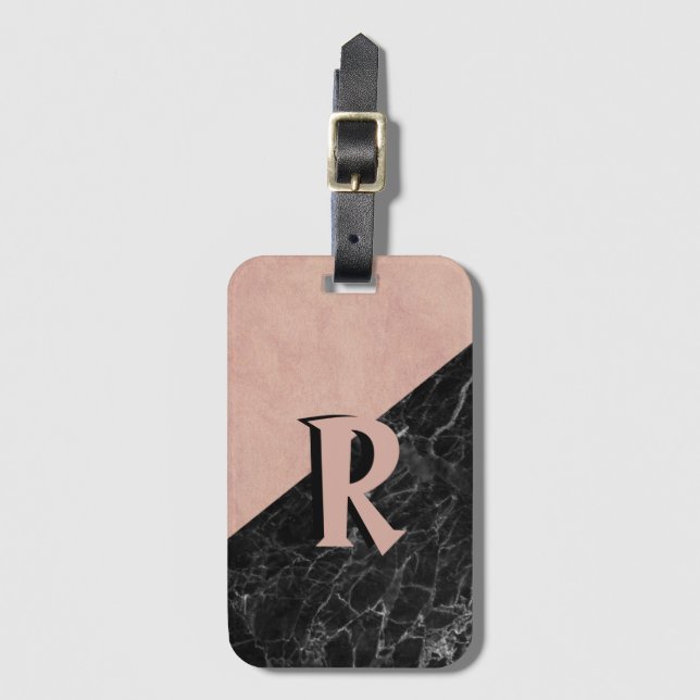 Étiquette À Bagage Monogramme en marbre noir rose cool personnalisé (Devant Vertical)