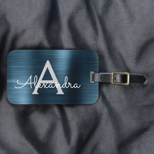 Étiquette À Bagage Monogramme en métal brossé bleu Nom et initiale (Créateur téléchargé)