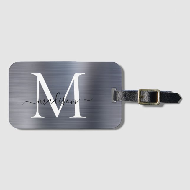 Étiquette À Bagage Monogramme en métal brossé gris argent moderne (Devant Horizontal)
