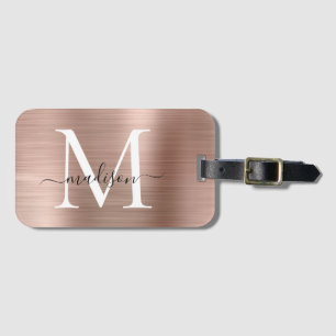 Étiquette À Bagage Monogramme en métal brossé Rose fillette