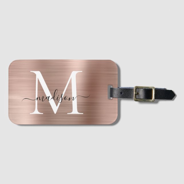 Étiquette À Bagage Monogramme en métal brossé Rose fillette (Devant Horizontal)