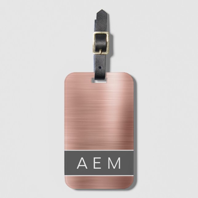 Étiquette À Bagage Monogramme en métal brossé rose or Nom et initiale (Devant Vertical)