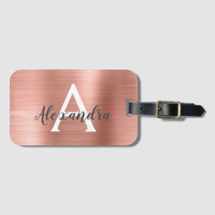 Étiquette À Bagage Monogramme en métal brossé rose or Nom et initiale