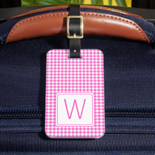 Étiquette À Bagage Monogramme En vichy plaid rose et blanc