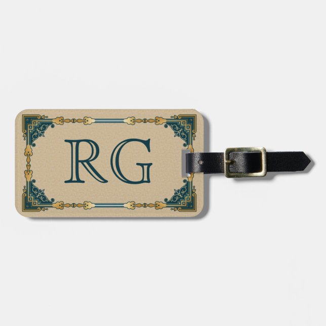 Étiquette À Bagage Monogramme encadré d'or et vert Art déco (Devant horizontal)