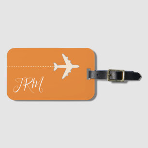 Étiquette À Bagage monogramme et avion en voyage orange
