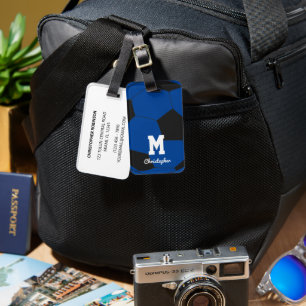 Étiquette À Bagage Monogramme et nom bleu de soccer