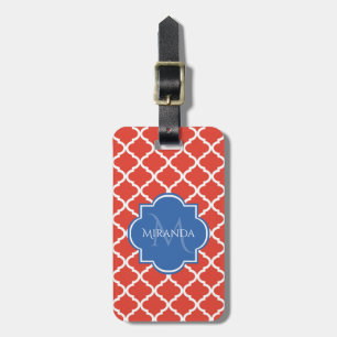 Étiquette À Bagage Monogramme et nom bleu Quatrefoil rouge tendance