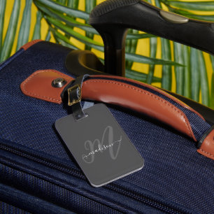 Étiquette À Bagage Monogramme et nom du script de saumons gris neutre