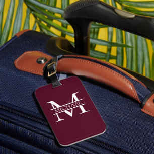 Étiquette À Bagage Monogramme et nom Elegant Bourgogne Personnalisé