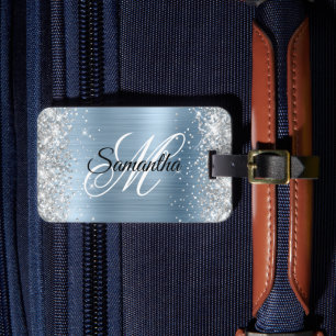 Étiquette À Bagage Monogramme fantaisie pailleté argent et bleu clair
