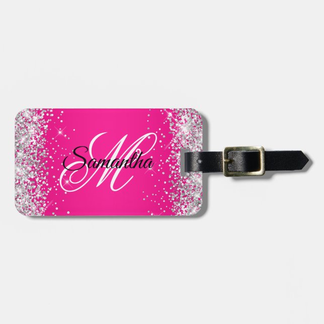 Étiquette À Bagage Monogramme fantaisie rose pailleté argent (Devant horizontal)